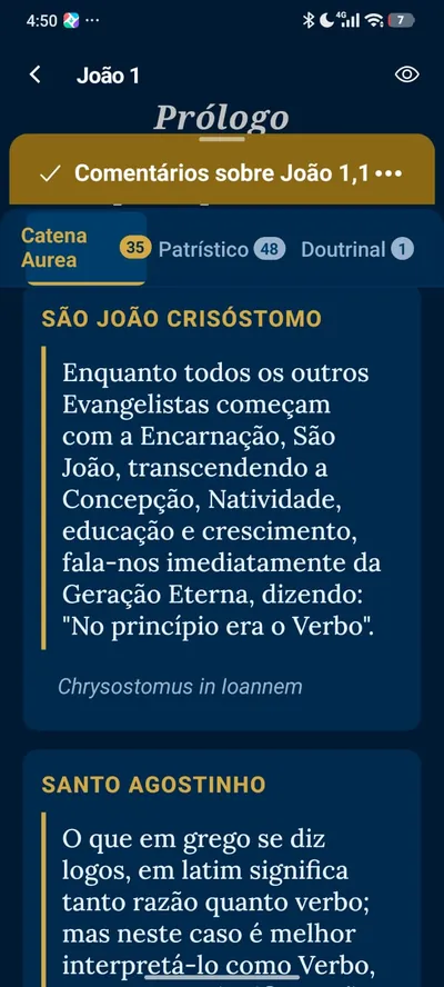 Bíblia no app, com os comentários dos Padres da Igreja sobre João 1,1