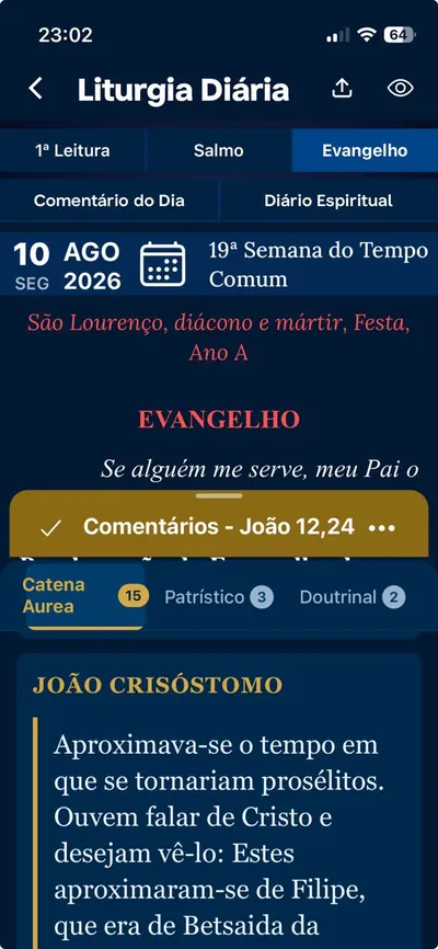 Liturgia Diária no app, com os comentários de um versículo do Evangelho abertos