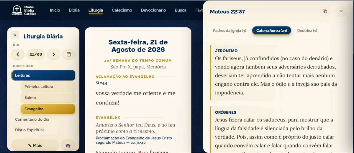 A liturgia do dia no computador, com os comentários ao lado das leituras