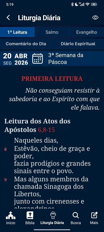 Liturgia Diária no app: Primeira Leitura, Salmo e Evangelho