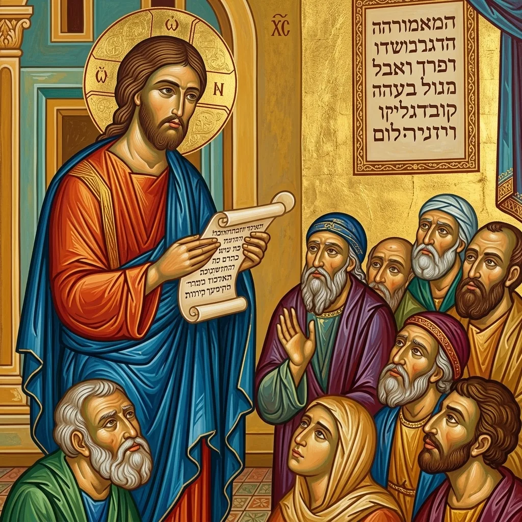 Jesus lê o rolo das Escrituras na sinagoga de Nazaré — arte do curso Entendendo a Bíblia por dentro