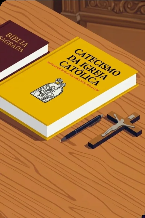 O Catecismo da Igreja Católica sobre a mesa, ao lado da Bíblia e de um crucifixo