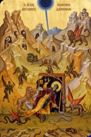Ícone de Santo Antão combatendo os demônios no deserto
