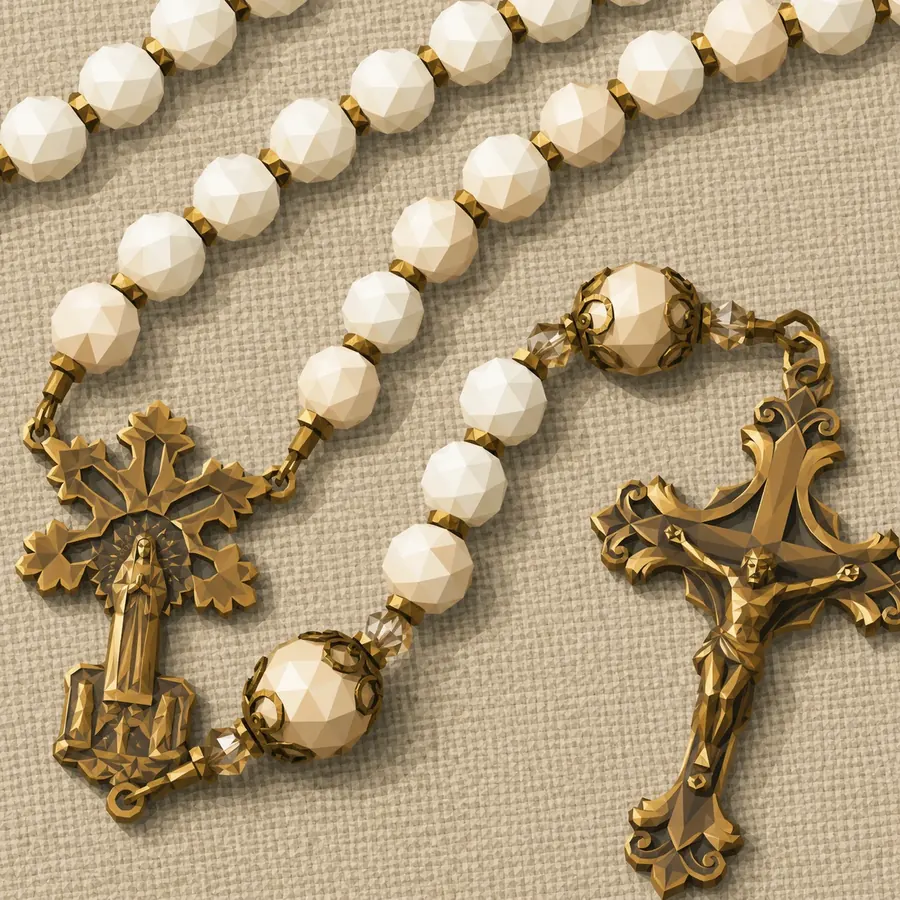 Terço com contas claras e crucifixo dourado
